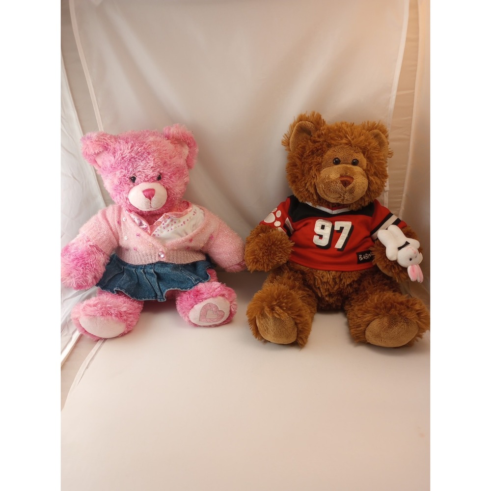 Build A Bear Pink Teddy Bear Plush 16" & Brown Bear With Build A Bear Outfits On